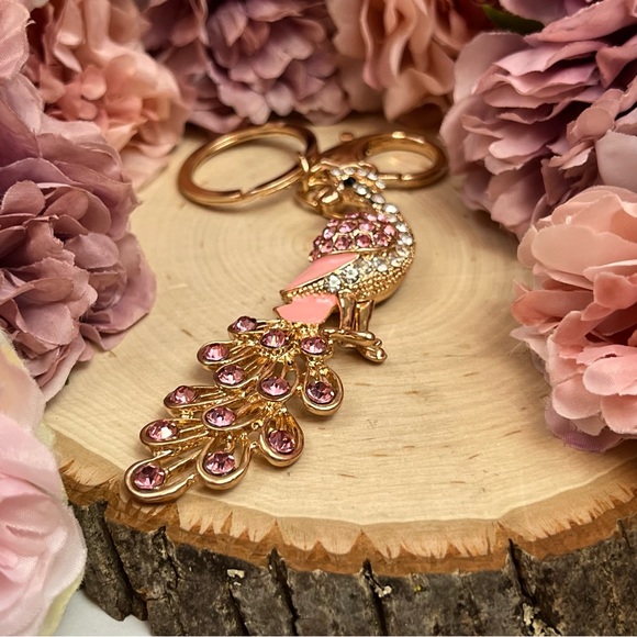 Beautiful Golden and Pink Crystal Peacock Keychain Charm - Picture 10 of 15